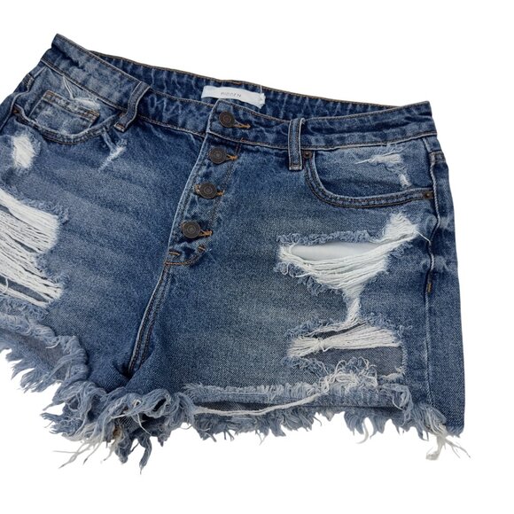 HIDDEN Women Distressed Blue Denim High-Waisted Shorts XL Frayed Hem Button Fly - Picture 11 of 13